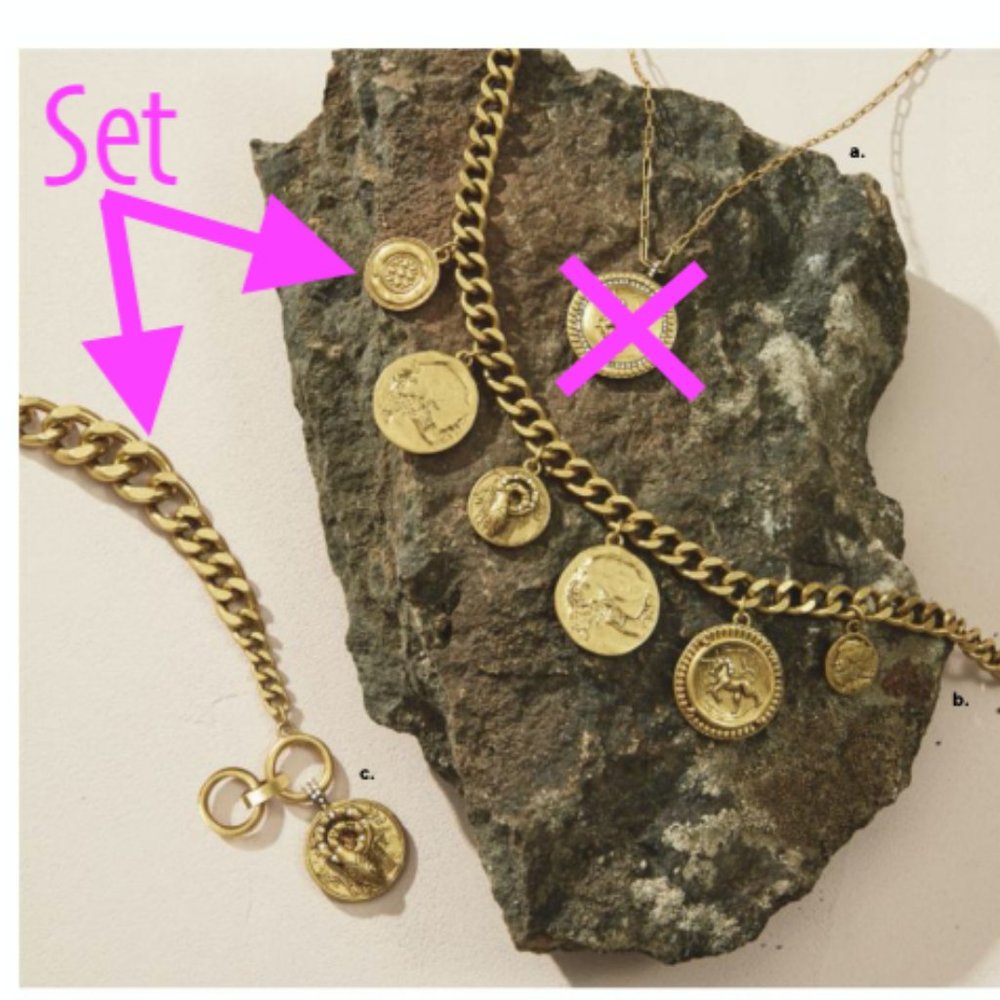 Stella & Dot Heritage Charm Coin Necklace & Bracelet Set - Vintage Gold